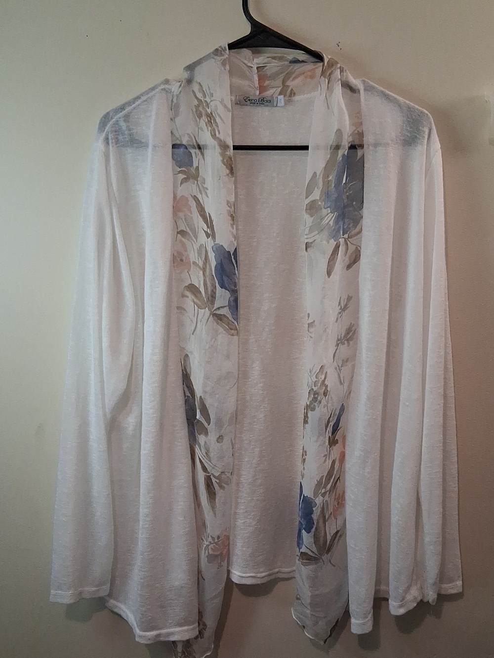 Elena Baldi      Open-Front White Floral Trim Cardigan with Hood